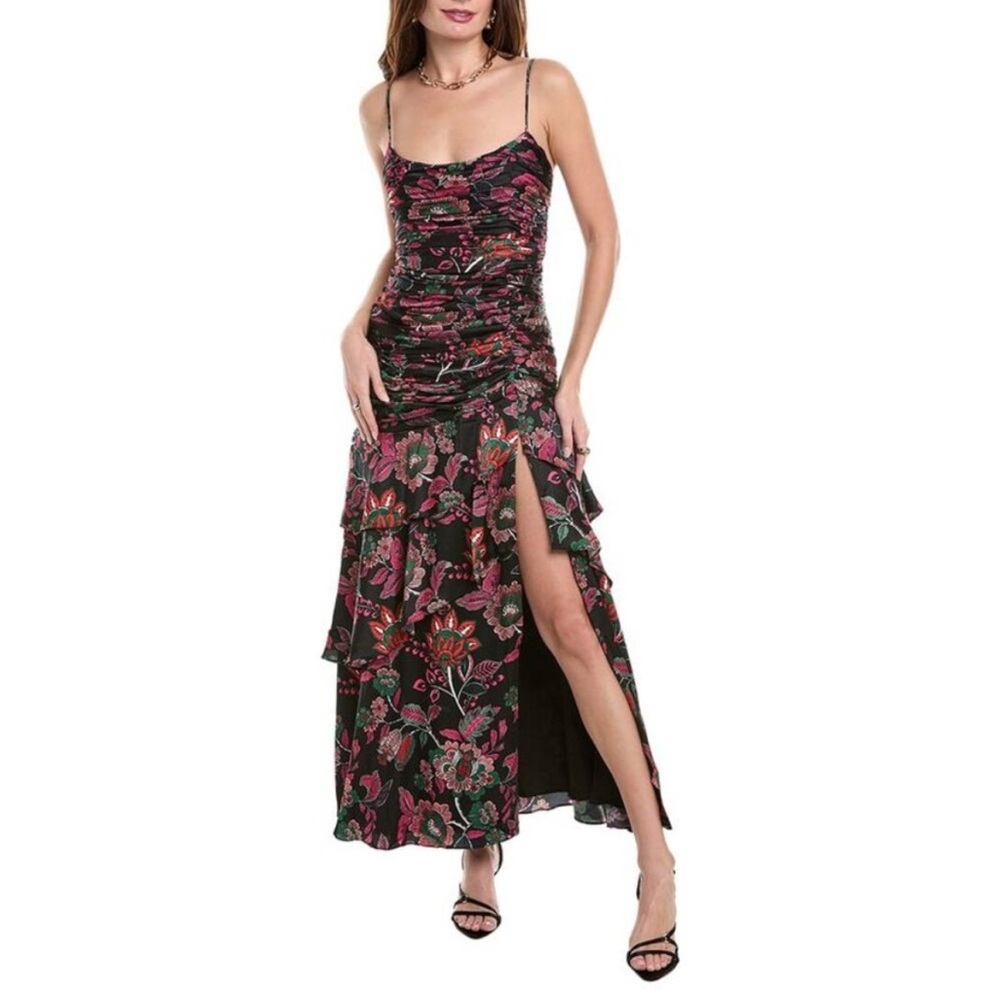 Pink and Black Maxi Dress with Spaghetti Straps and Ruched Bodice